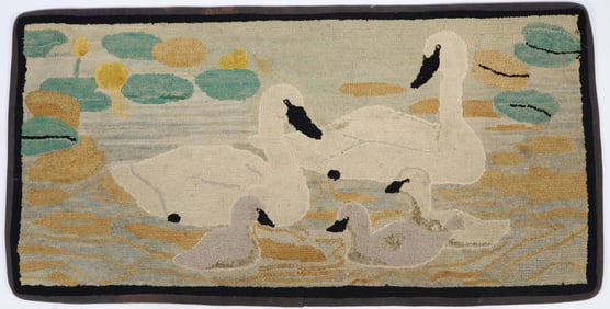 Vintage Swan Cygnets Hooked Rug