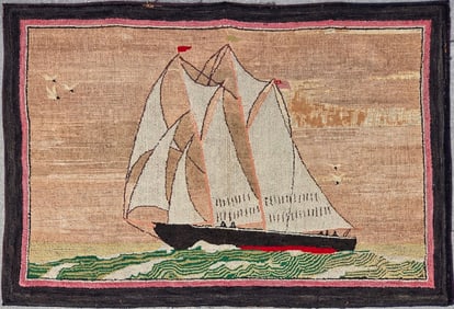 Antique Schooner Hooked Rug