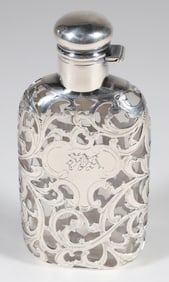 Antique Art Nouveau Sterling Silver Overlay Glass Flask