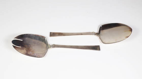 Hans Hansen Sterling Silver Salad Servers: Hans Hansen Sterling Silver Salad Servers, stamped "Sterling Denmark" with signature 7.5 Troy Ounces