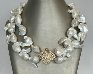 14mm x 24mm Double Strand White Fresh Water Baroque Pearl Necklace