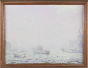 Gerald Taber Oil On Board "Fishing Boat at Anchor on a Foggy Day"