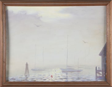 Gerald Taber Oil On Board "Foggy Nantucket Harbor", 20th Century