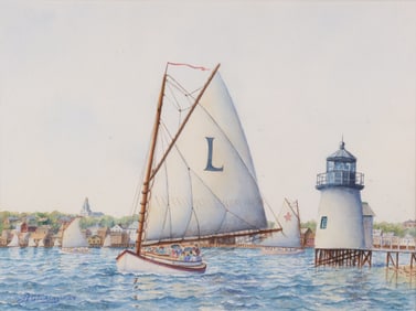 John Hutchinson Watercolor on Paper "The Lillian Sailing Around Brant Point Nantucket"