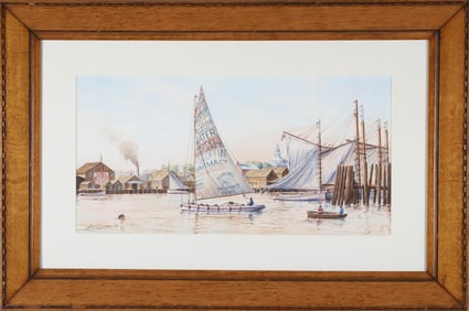 John Hutchinson Watercolor on Paper "Nantucket Harbor Sailing"