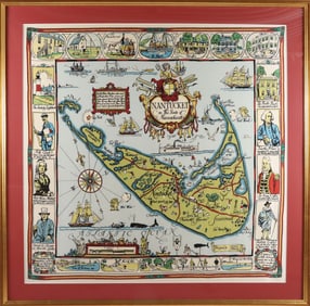 Tony Sarg Framed Silk Scarf "Map of Nantucket Island with Historical Landmarks", 20th Century