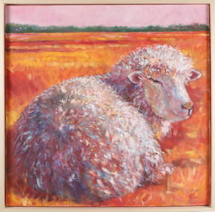 Katie Trinkle Legge Oil On Canvas "Sheep in the Pasture": Katie Trinkle Legge (American, Contemporary) Oil On Canvas, "Sheep In The Pasture", signed lower right KTL, in maple floater frame Overall 25 in. x 26 in.