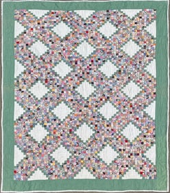Vintage Multi-Color Postage Stamp Irish Chain Patchwork Quilt, circa 1940s
