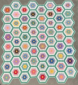 Vintage Multi-Color and Green Gated Grandmothers Flower Garden Patchwork Quilt Circa 1930s