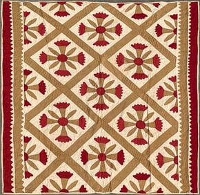 Antique Hand Stitched Poppy Floral Applique Quilt, 19th Century