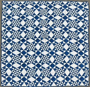Vintage Blue and White Geometric Patchwork Quilt
