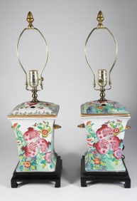 Pair of Square Pomegranate Pattern Bough Pot Porcelain Lamps