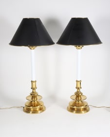 Pair of Hand Crafted Maitland Smith Brass Candlestick Lamps with Tole Shades