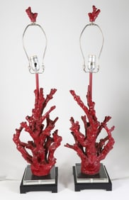 Pair of Faux Red Coral Lamps on Stepped Bases