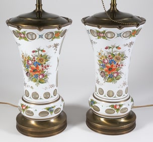 Pair of Hand Painted White Cut to Clear Glass Vases Mounted as Lamps, 19th Century