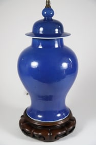 Chinese Blue Porcelain Temple Jar Mounted as Lamp
