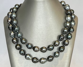 12mm x 13.9mm Black Tahitian Drop Pearl Opera Length Necklace, 14k White Gold Clasp