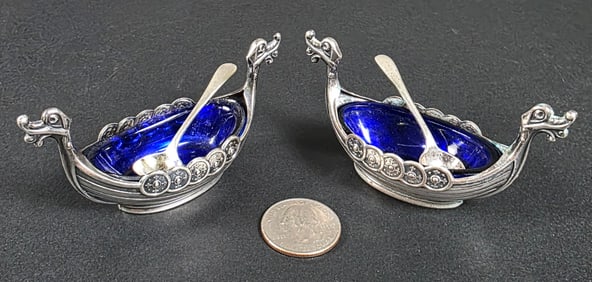 Pair of Sterling Silver Viking Ship Open Salt Cellars, 20th Century