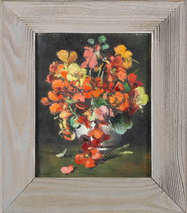 Andrew Shunney Oil on Canvas "Pansies in a Vase Still Life": Andrew Shunney (1916-1978) Oil on Canvas "Pansies in a Vase Still Life", signed lower left Shunney, in grained grey stained wood frame 10 in. x 8 in. Framed 14 in. x 12 in.