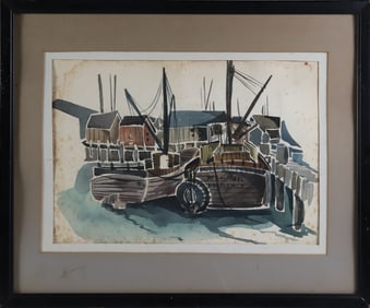 Attributed to Andrew Shunney Watercolor on Paper, "Nantucket Wharf"