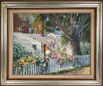 Helen Sharp Potter Oil on Canvas "Sconset Rose Covered Cottage"