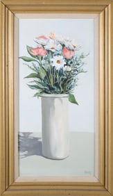 Roy Bailey Oil on Canvas "Daisies and Dianthus Floral Still Life"