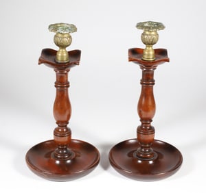 Pair of Turned Mahogany and Repousse Brass Candlesticks, 19th Century