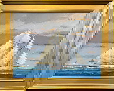 William Lowe Oil on Linen "Vintage Schooner Departing Nantucket": William Lowe (b. 1941) Oil on Linen "Vintage Schooner Departing Nantucket", signed lower left William Lowe ASMA, in molded gilt frame 12 in. x 16 in. Framed 16 in. x 20 in.