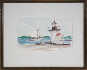 David Lazarus Watercolor on Paper "Sailboat Rounding Brant Point, Nantucket"