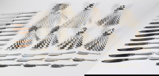 Gorham Sterling Silver Flatware Service for Twelve in the Fairfax Pattern: Gorham Sterling Silver Flatware Service for Twelve in the Fairfax Pattern, comprising of: 12 Dinner Knives 12 Dinner Forks 14 Salad Forks 18 Teaspoons 12 Soup Spoons 11 Butter Kniv