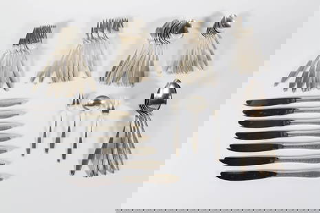 M.C.M Towle Sterling Silver Flatware Service in the RSVP Pattern: M.C.M Towle Sterling Silver Flatware Service in the RSVP Pattern (1965-1996), 46 pieces comprising; 8 dinner forks 8 dessert forks 6 dinner knives 8 teaspoons 8 soup spoons 4 servi