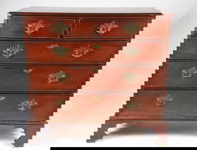 Chippendale Mahogany Chest of Five Drawers, circa 1800: Chippendale Mahogany Chest of Five Drawers, circa 1800, two over three cock-beaded drawers with Birmingham brasses, molded overhanging top, on bracket feet Height 38 in. Width 39.5 in. Depth 19.5 in.