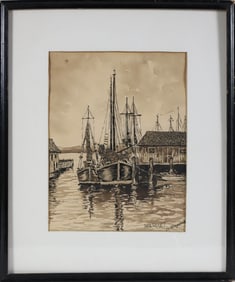 Jos. Mahoney Nantucket Vintage Ink and Watercolor "Harbor View"