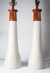 Pair of Gordon and Jane Martz Marshall Studios Ceramic and Teak Lamps