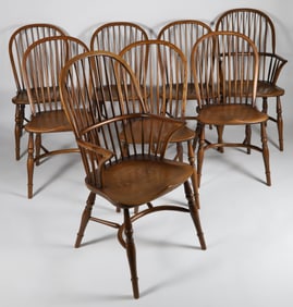 Set of 8 Vintage English Oak Bow Back Windsor Style Dining Chairs