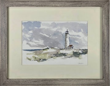 David Lazarus Watercolor on Paper "Great Point Lighthouse", Nantucket Painting