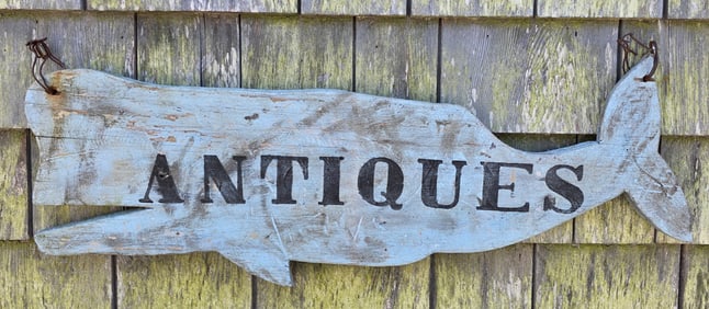 Vintage Carved and Painted Sperm Whale, "Antiques", Double Sided Hanging Trade Sign, 20th century