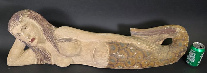Vintage Carved and Painted Lounging Mermaid Full Body Sculpture, 20th century