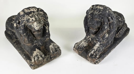 Pair of Vintage Petite Cement Lounging Lion Garden Ornaments