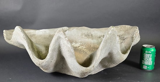 Vintage Oversized Cement Garden Clam Shell Birdbath Sculpture, 20th century