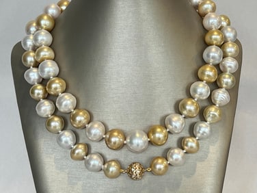 Fine 13mm - 15.7mm White and Natural Gold South Sea Pearl Opera Length Necklace, 14k Gold and