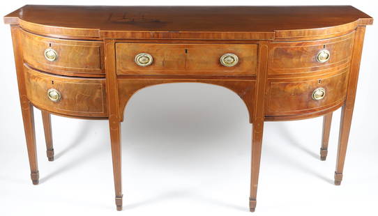 American Sheraton Inlaid Five-Drawer Sideboard, 19th Century: American Sheraton Inlaid Five-Drawer Sideboard, 19th Century, line inlay, nicely figured mahogany drawer fronts, on square tapering legs Height 38 in. Width 70 in. Depth 24 in.