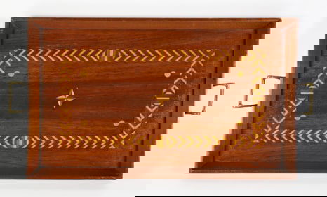 Vintage Mahogany Multi-wood Inlaid Serving Tray with Brass Handles