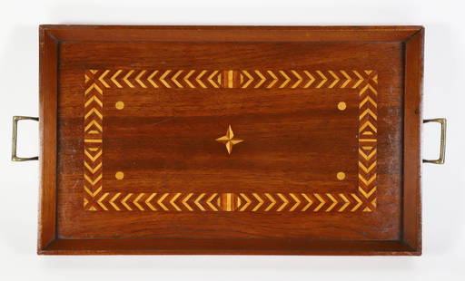Vintage Mahogany Multi-wood Inlaid Serving Tray with Brass Handles: Vintage Mahogany Multi Wood Inlaid Serving Tray, with applied brass handles 21.5 in. x 12.5 in.