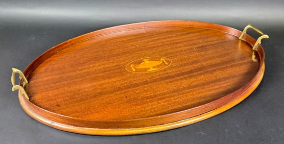 Antique Satinwood Urn Inlaid Mahogany Oval Serving Tray, circa 1920s