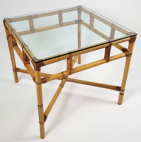 Vintage Mid Century Modern Glass Top Bamboo Table