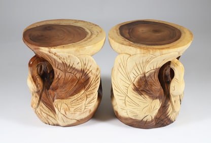 Pair of Carved Teak Wood Swan Garden Stools
