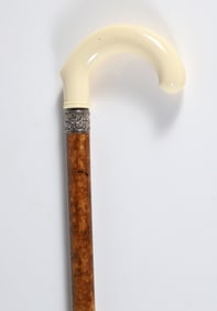 Antique Walrus Ivory C-Grip Cane With Burlwood Shaft, 19th Century