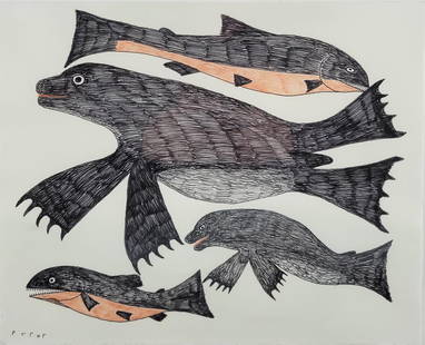 Keeleemeeoomee Samualie (1919-1983) Inuit Mixed Media Drawing: Keeleemeeoomee Samualie (1919-1983) Inuit Mixed Media Drawing, on paper, circa 1978, Baffin Island, Nunavut Canada, depicting seals and salmon, signed lower left, with gallery show label on reverse. S