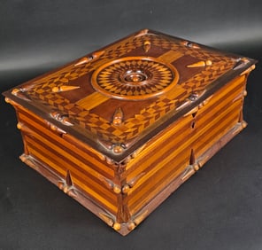 Antique American Multiwood Inlaid Jewelry Box, 19th century